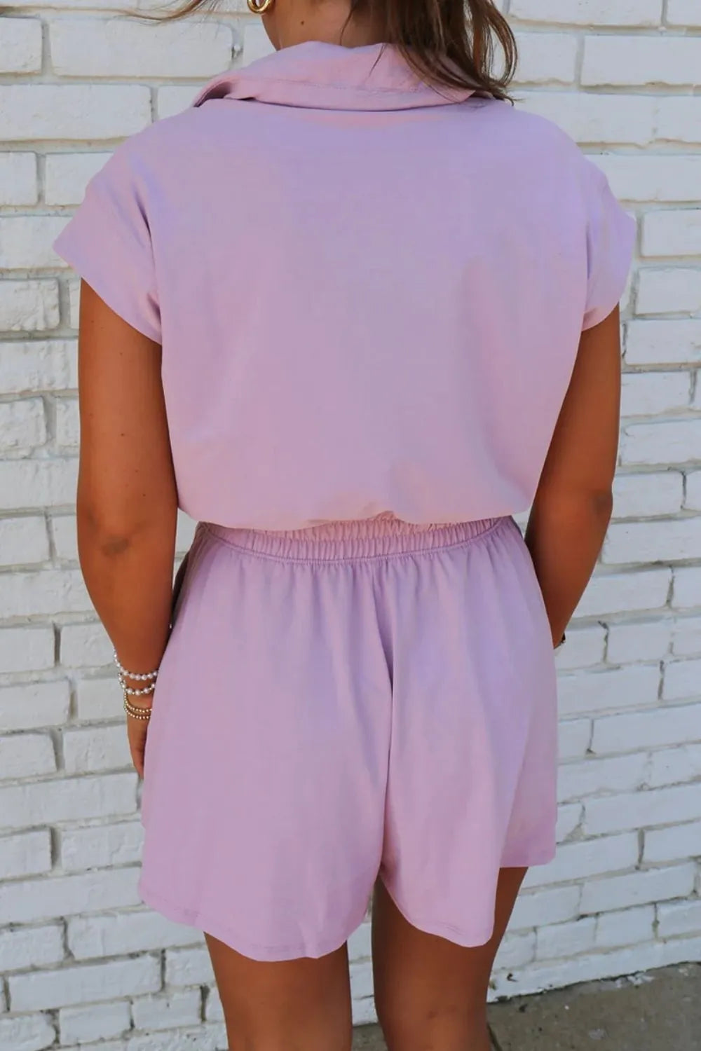 Short Sleeve Zipper Collared Elastic High Waist Romper.