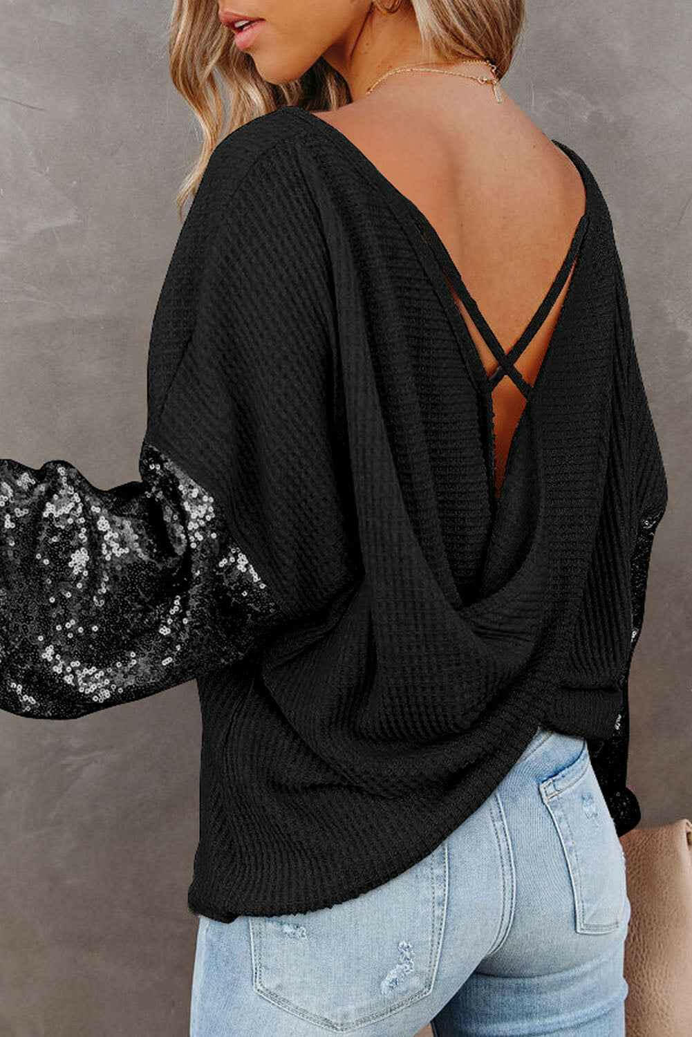 Sequin Waffle-Knit Blouse.