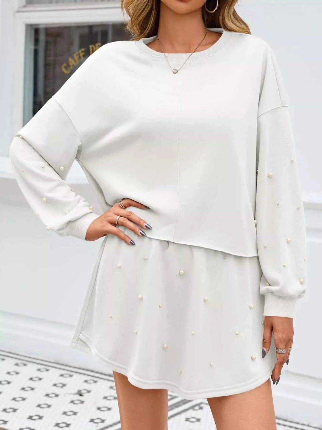 Pearl Embellished Round Neck Top and Skort Set