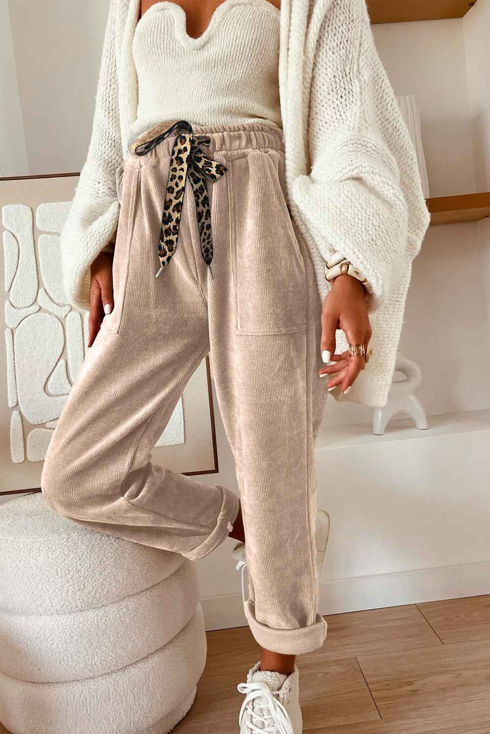 Gray Morn Corduroy Leopard Drawstring High Waist Trousers
