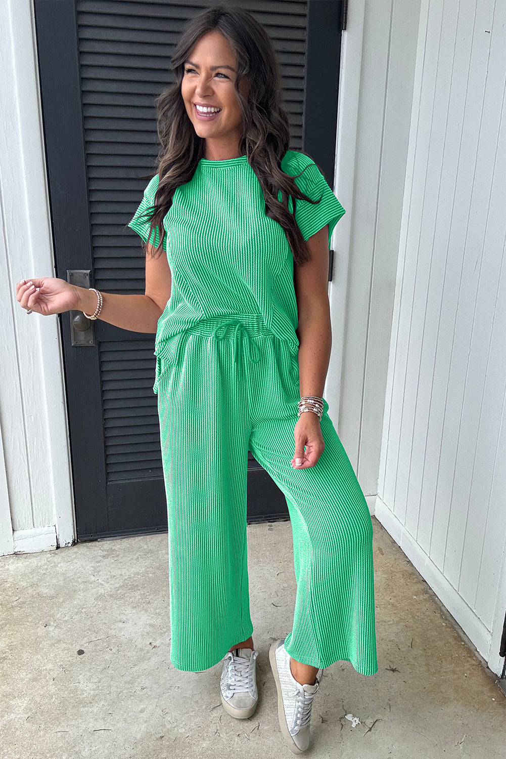 Bright Green Solid Corded Knit Short Sleeve T Shirt and Wide Leg Pants Set Dear-Lover Dropshipping