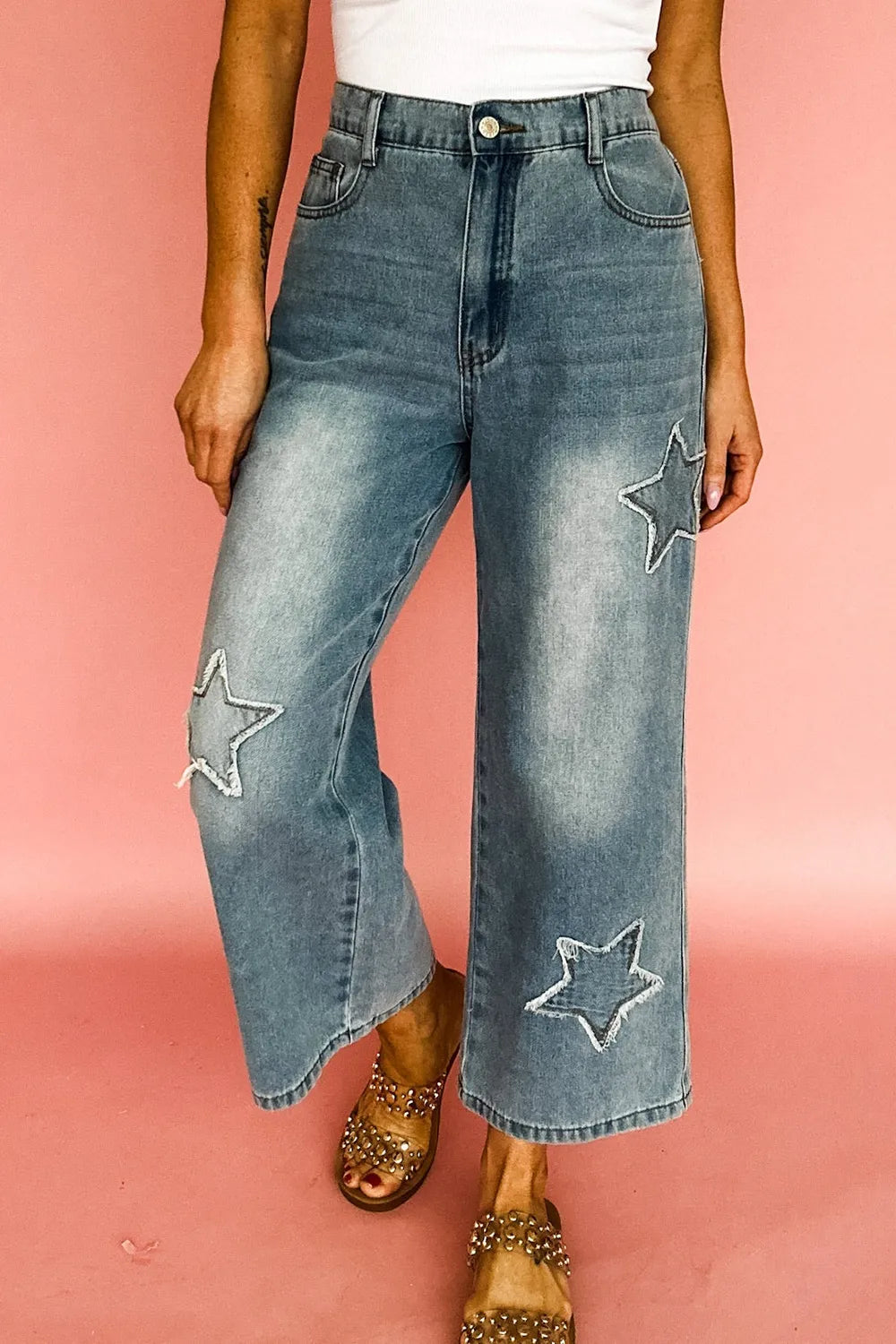 Star Embroidered High Waist Wide Leg Jeans.