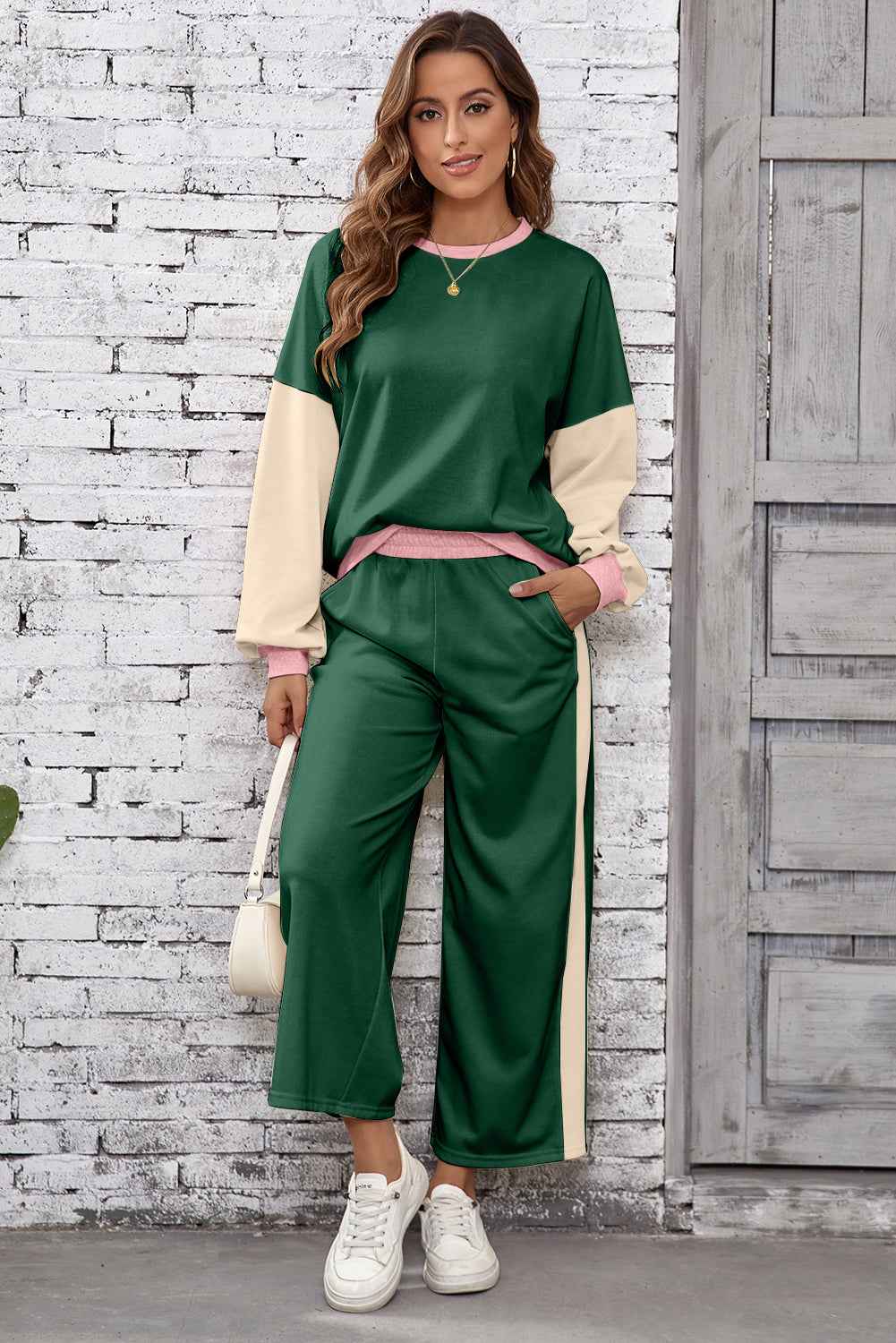 Blackish Green 2pcs Color Block Pullover Loose Pant Set