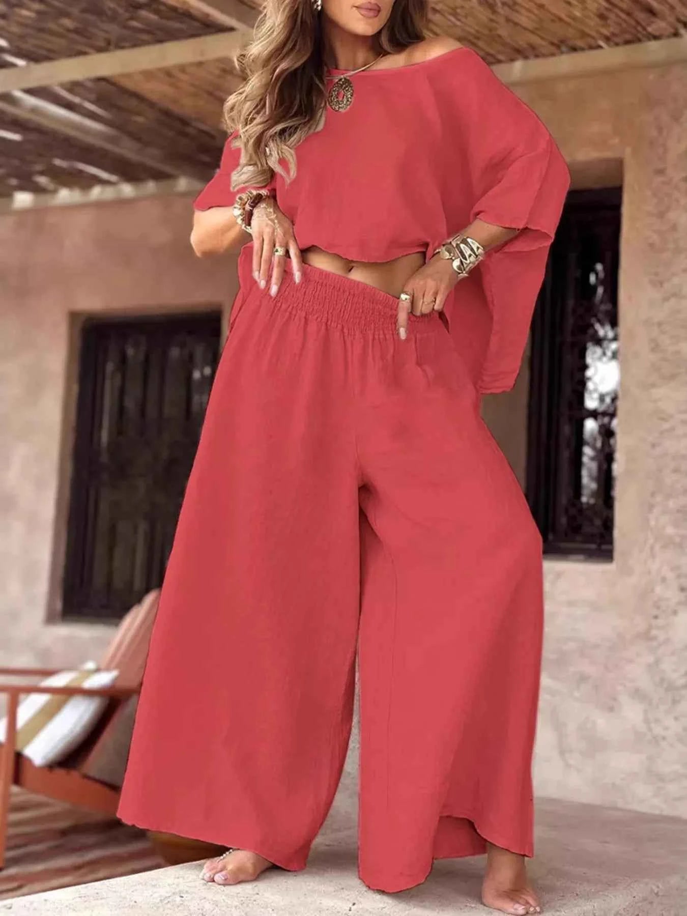 Full Size Boat Neck Top and Wide Leg Pants Set Plus Size.