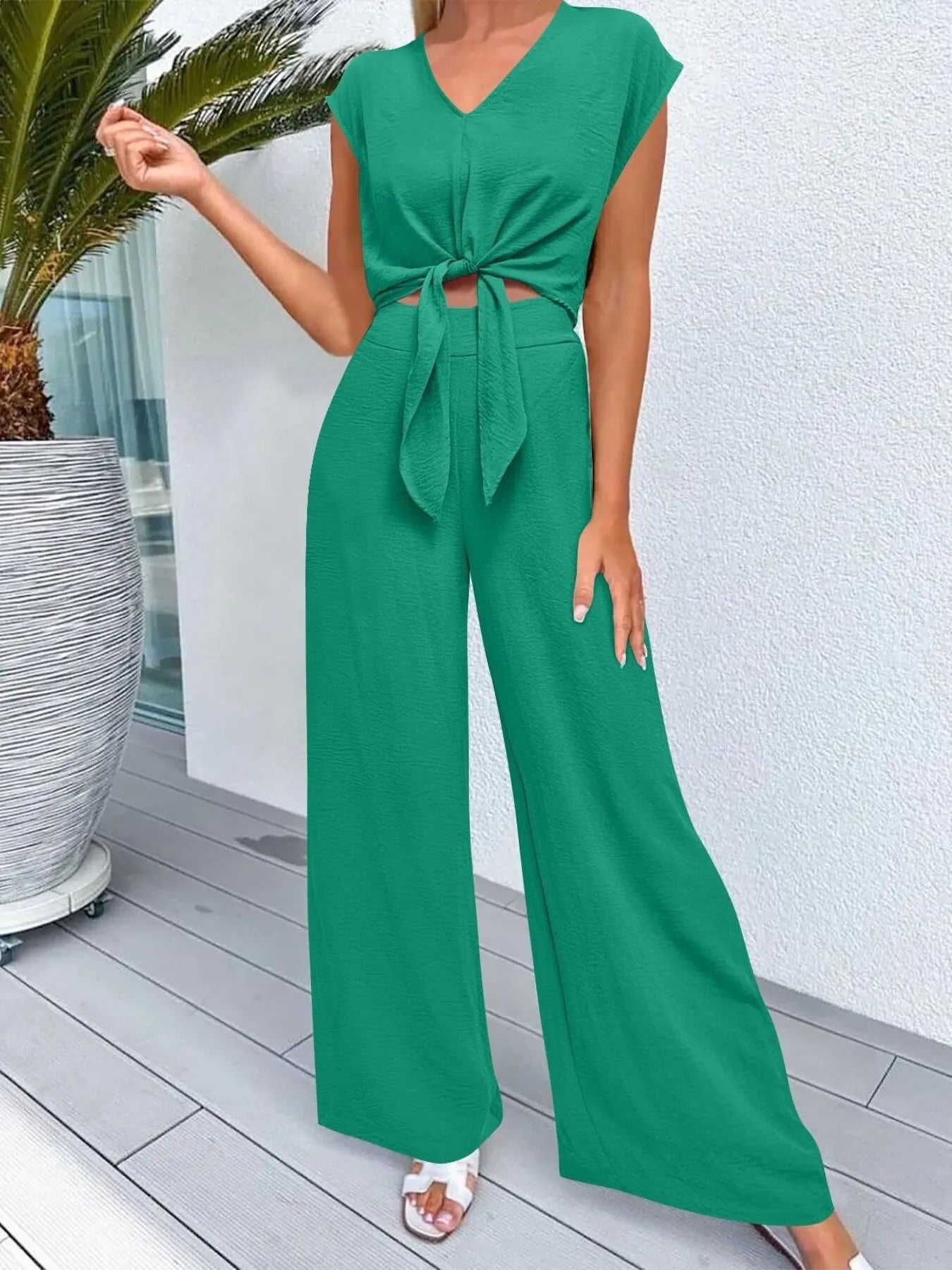 Tie Front Top and Wide Leg Pants Set.