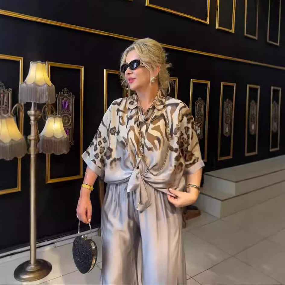 Irregular printed top split pants temperament two-piece set