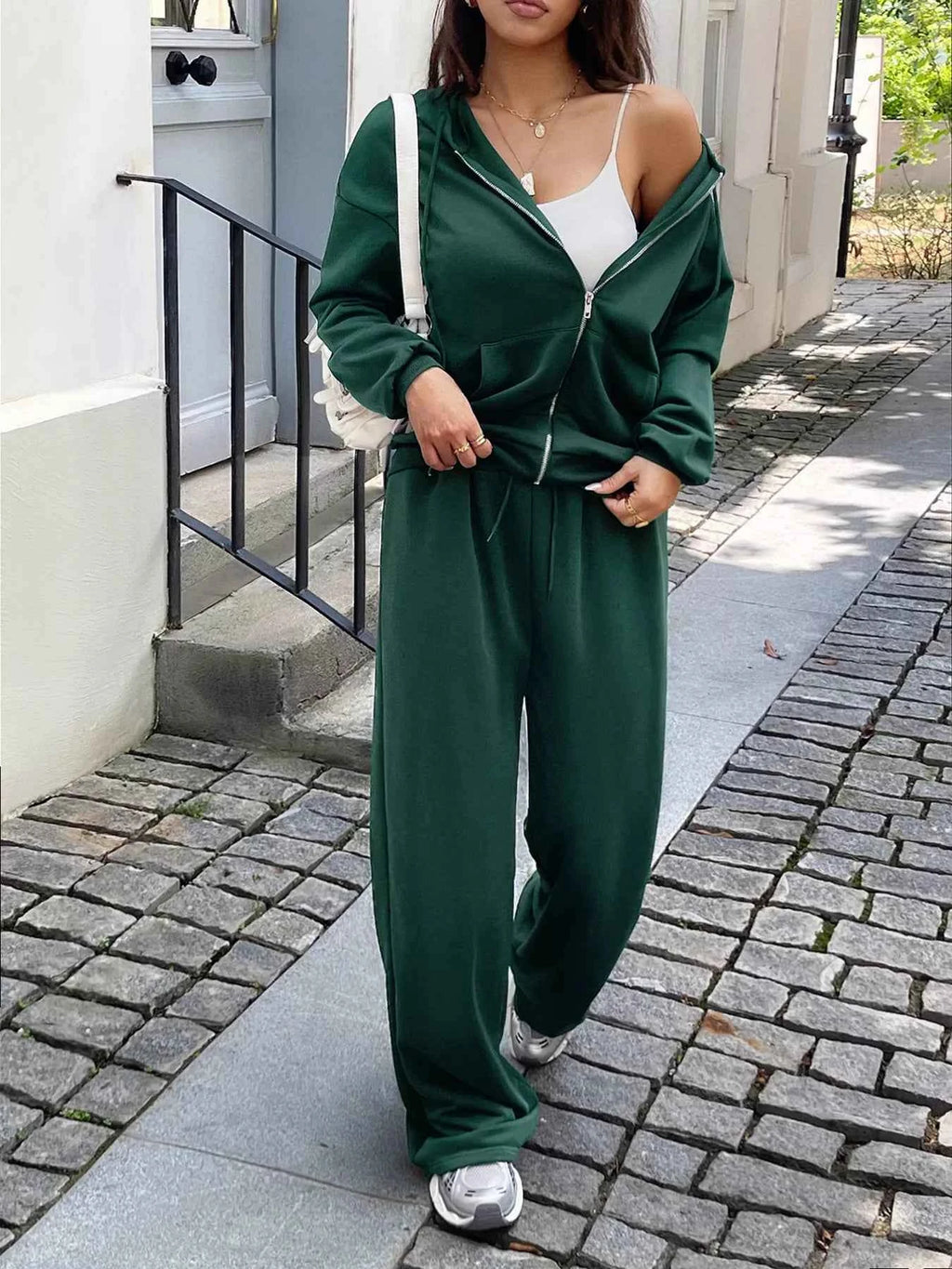 Casual Drawstring Zip Up Hoodie and Wide Leg Pants Set