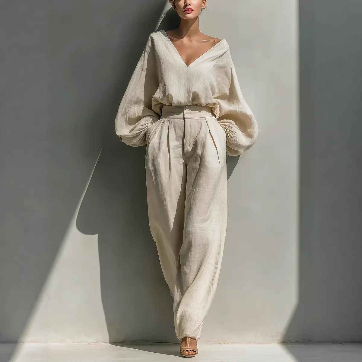 Long-sleeve Loose-fitting Trendy Unisex Retro Cotton-linen Set