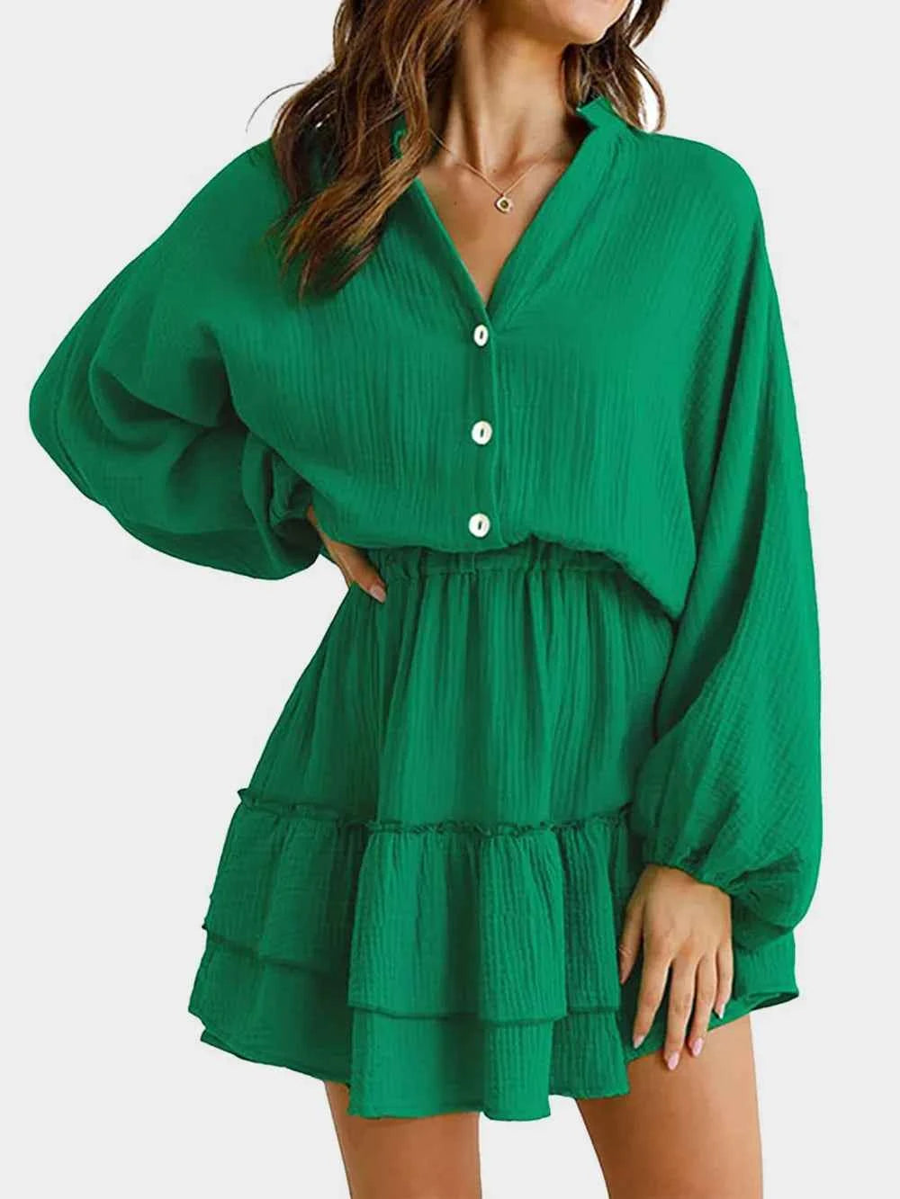 Ruffled Notched Balloon Sleeve Mini Dress.