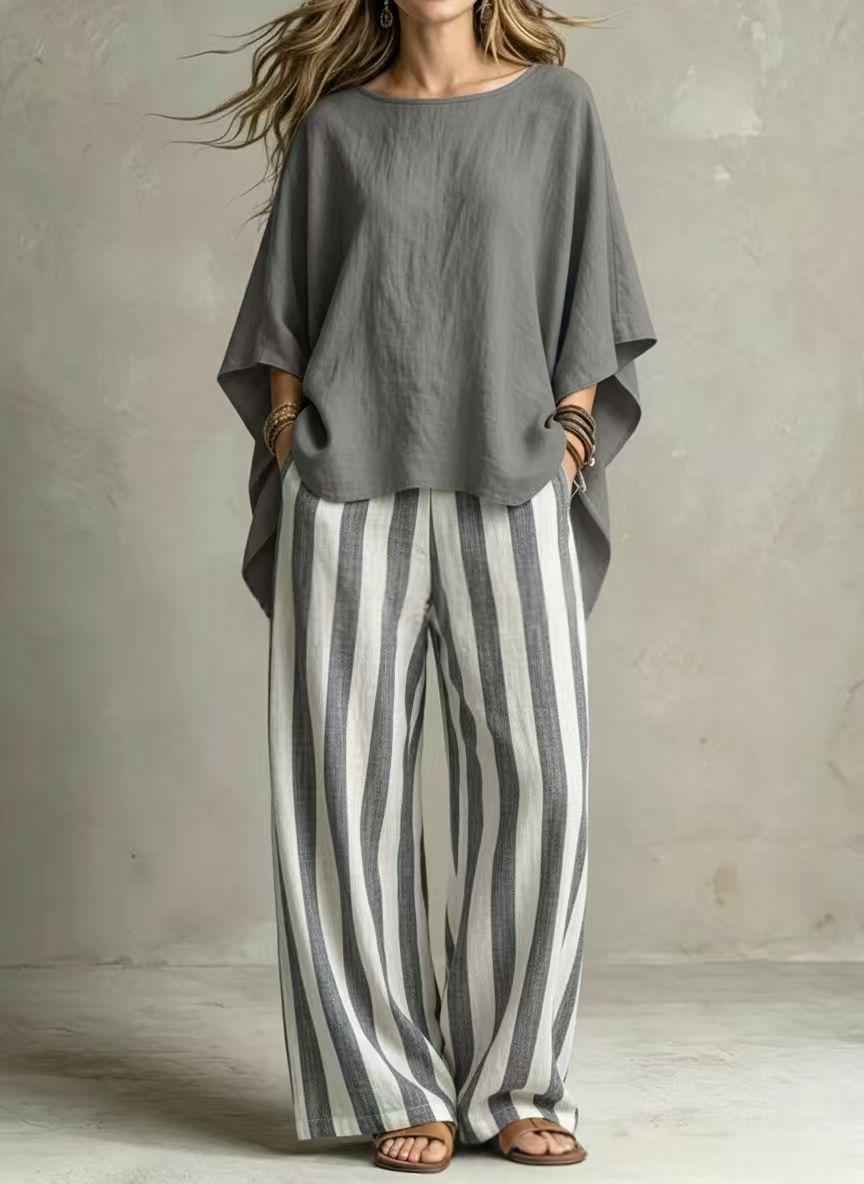 Womens Striped Pants And Cotton-Linen Top Set With Batwing Sleeves