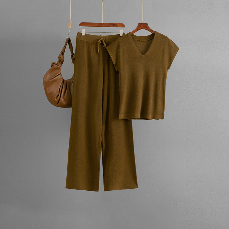 Sleeveless V-neck Knit Top Set Women's Pants Two-piece Set