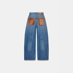 Casual Loose Straight Leg Washed Denim Pants with Leather Splicing for Women  Trendy Oversized Floor-Length Trousers eprolo