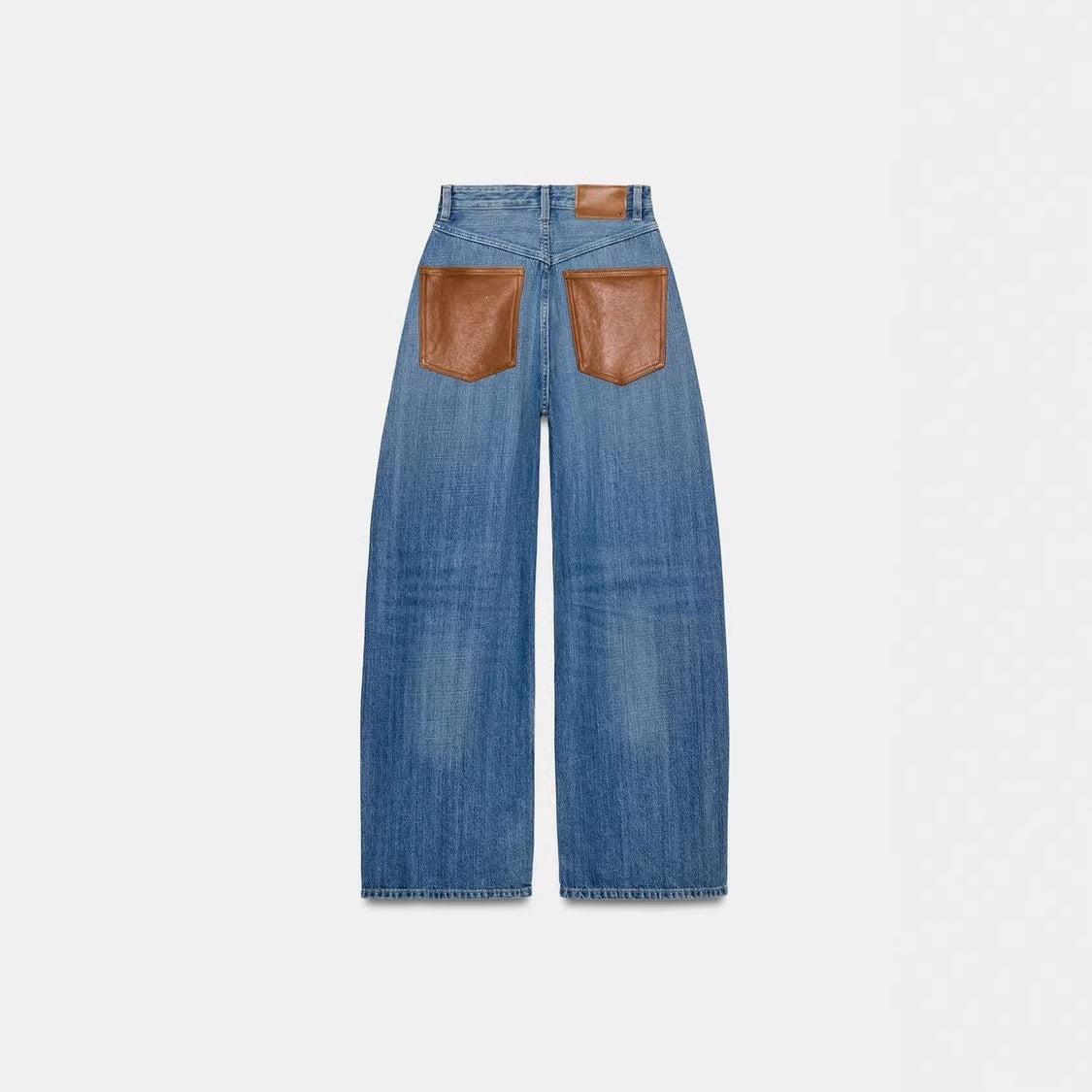 Casual Loose Straight Leg Washed Denim Pants with Leather Splicing for Women  Trendy Oversized Floor-Length Trousers