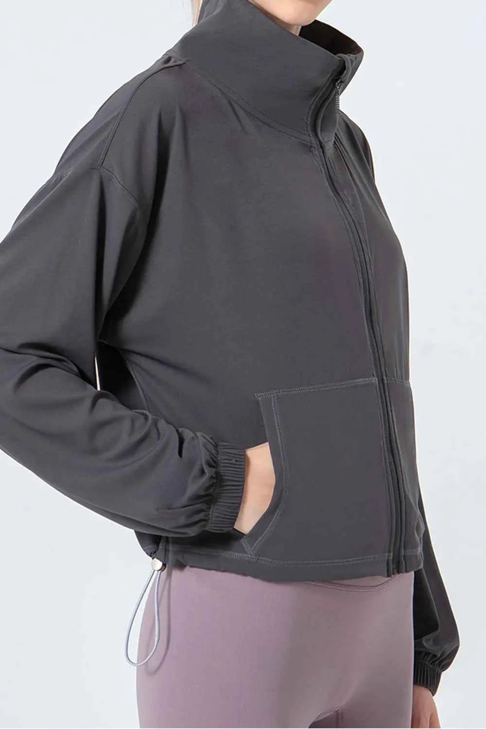 Drawstring Zip Up Dropped Shoulder Active Outerwear.