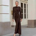 Cross-border Brown Round Neck Knitted Dress Women Design Sense Base Skirt Fitted Long Dress Women's Wear eprolo
