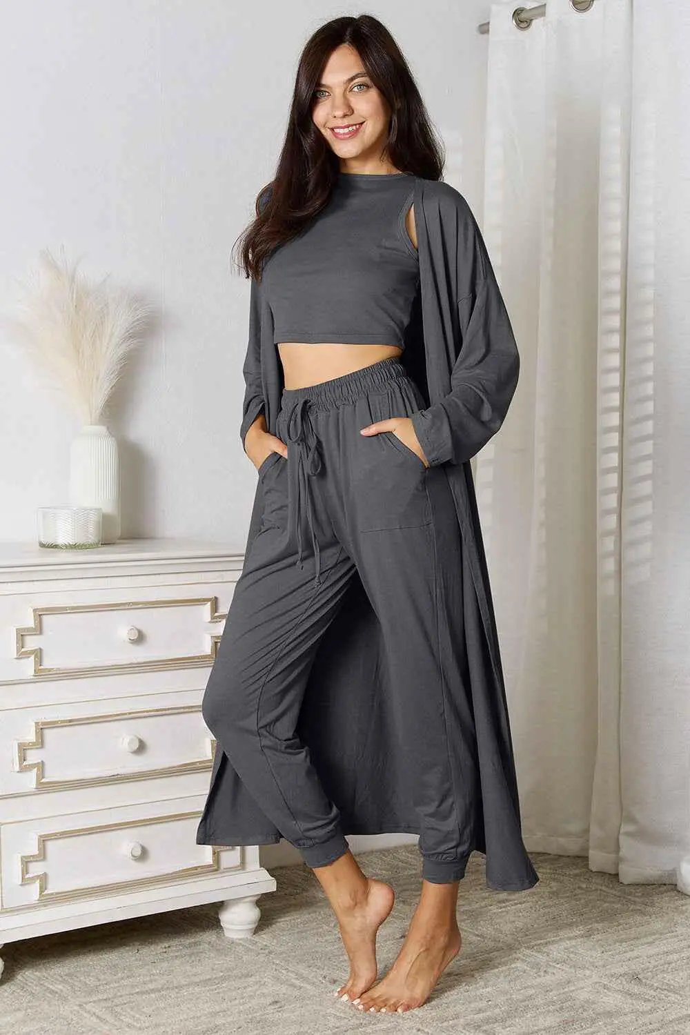 Tank, Pants, and Cardigan Set with Pockets.