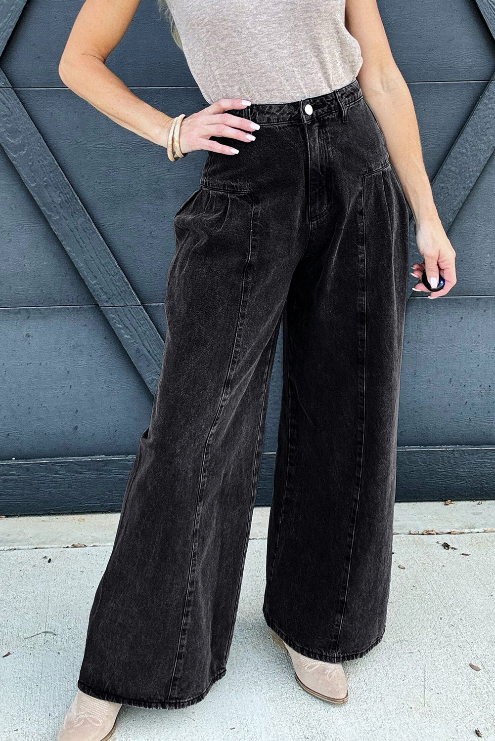 Dark Grey Pleated Wide Leg Mineral Wash Denim Pants Dear-Lover Dropshipping