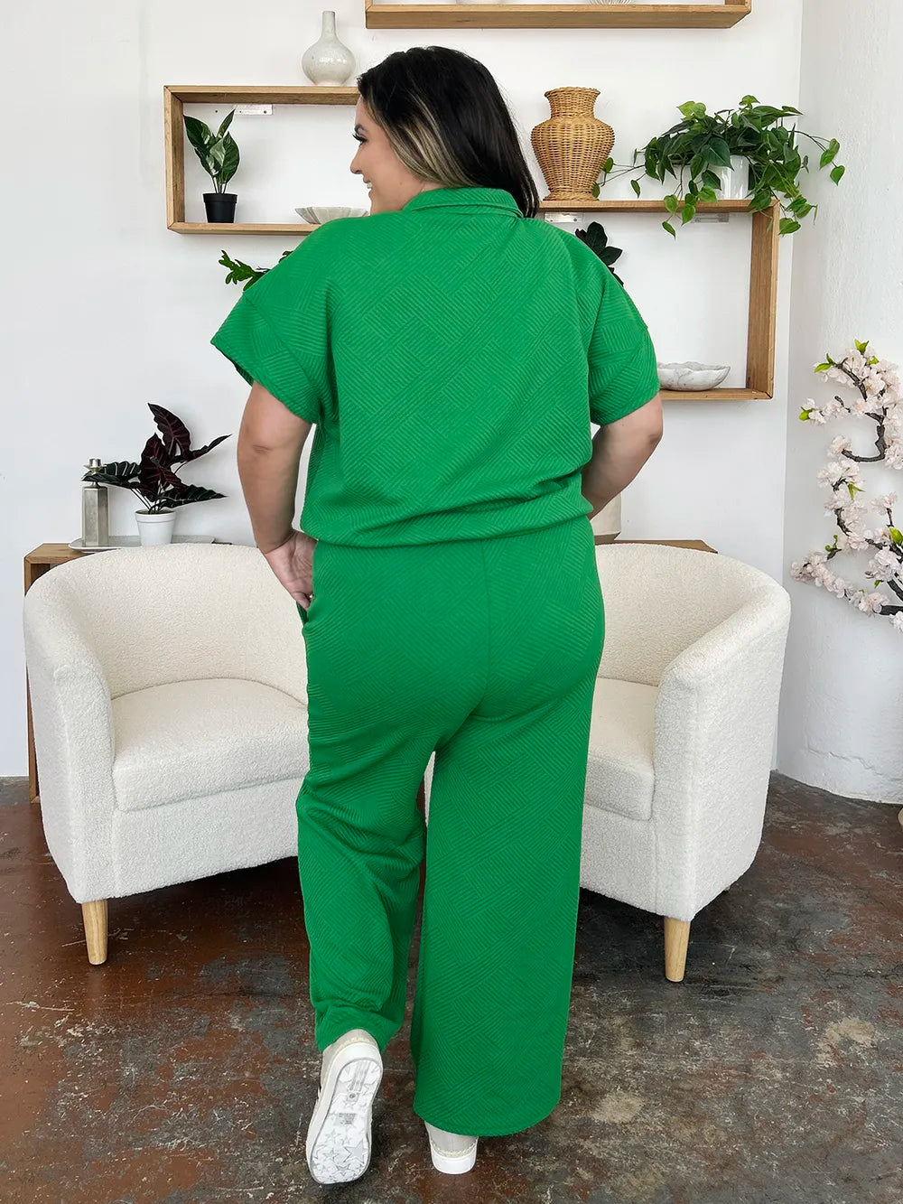 Double Take Full Size Texture Half Zip Short Sleeve Top and Pants Set - CHIC TB