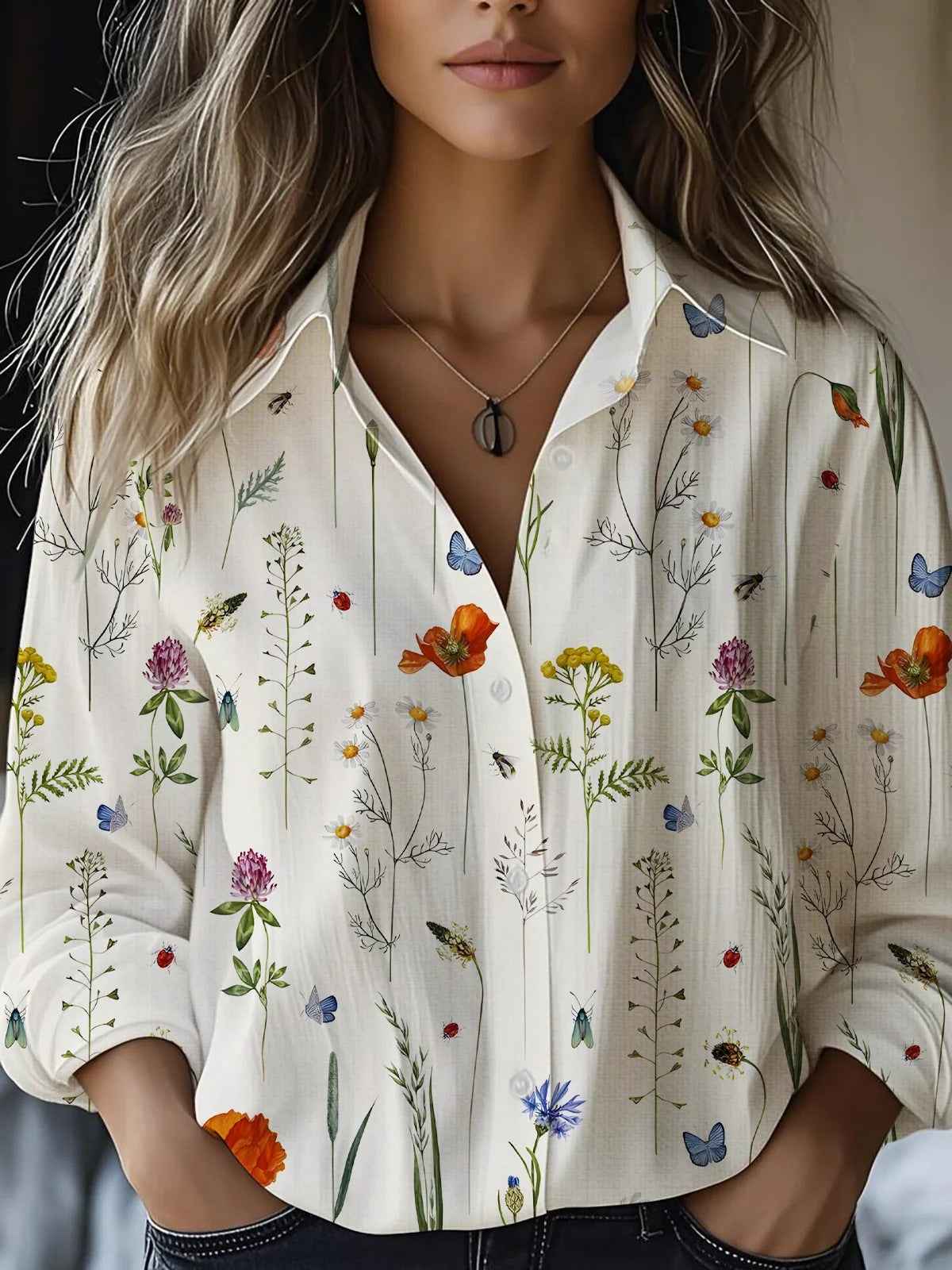 Floral-print Long-sleeve Shirt Delicate Linen Casual Blouse
