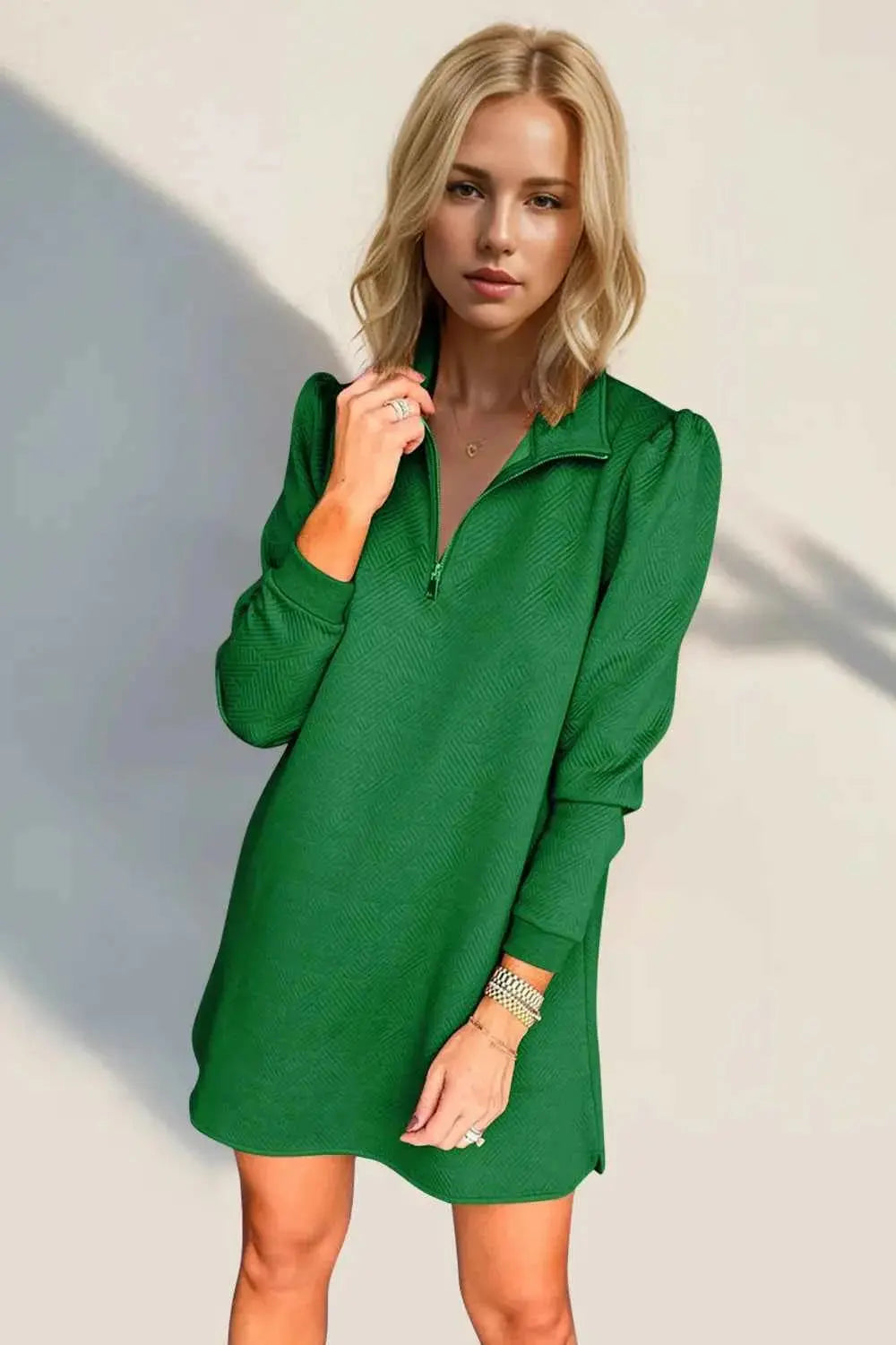 Double Take Textured Quarter Zip Long Sleeve Dress.