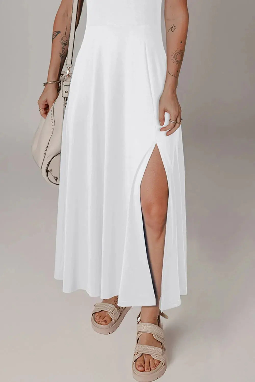 Side Slit Scoop Neck Wide Strap Dress - CHIC TB