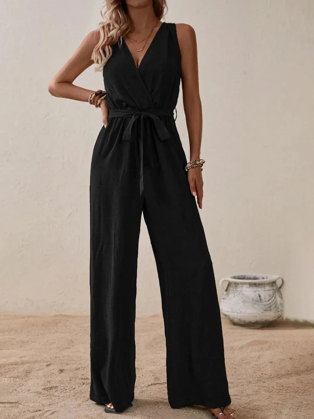 Honey Tied Surplice Sleeveless Wide Leg Jumpsuit.