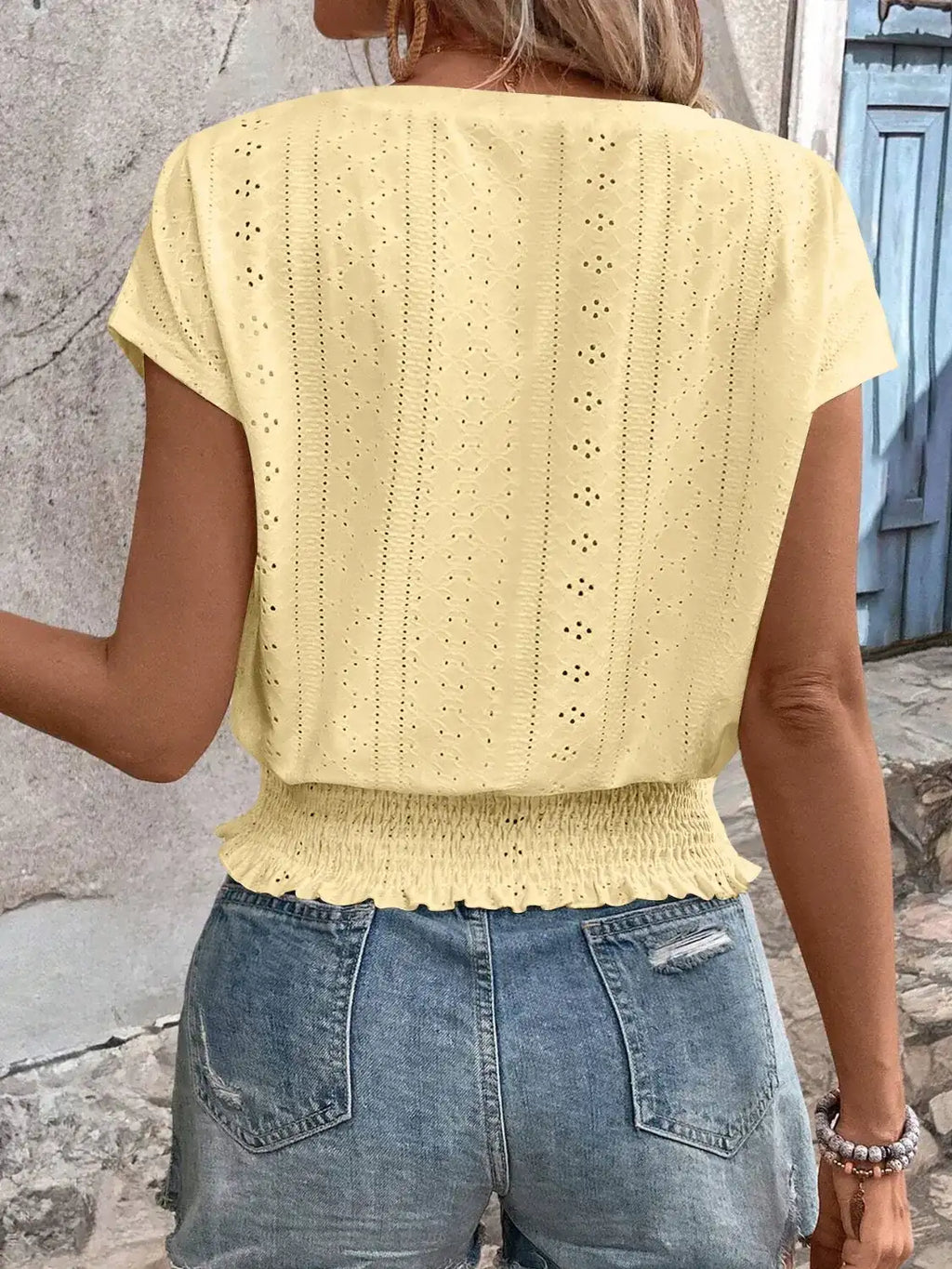 Eyelet V-Neck Short Sleeve Blouse.