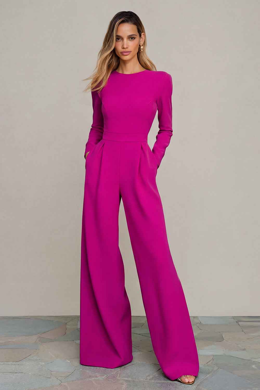 Round-neck Long-sleeved Waist-cinching Jumpsuit For A Chic Professional Look
