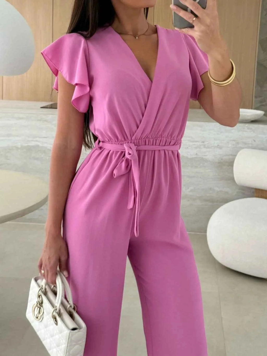 Surplice Wide Leg Belted Jumpsuit