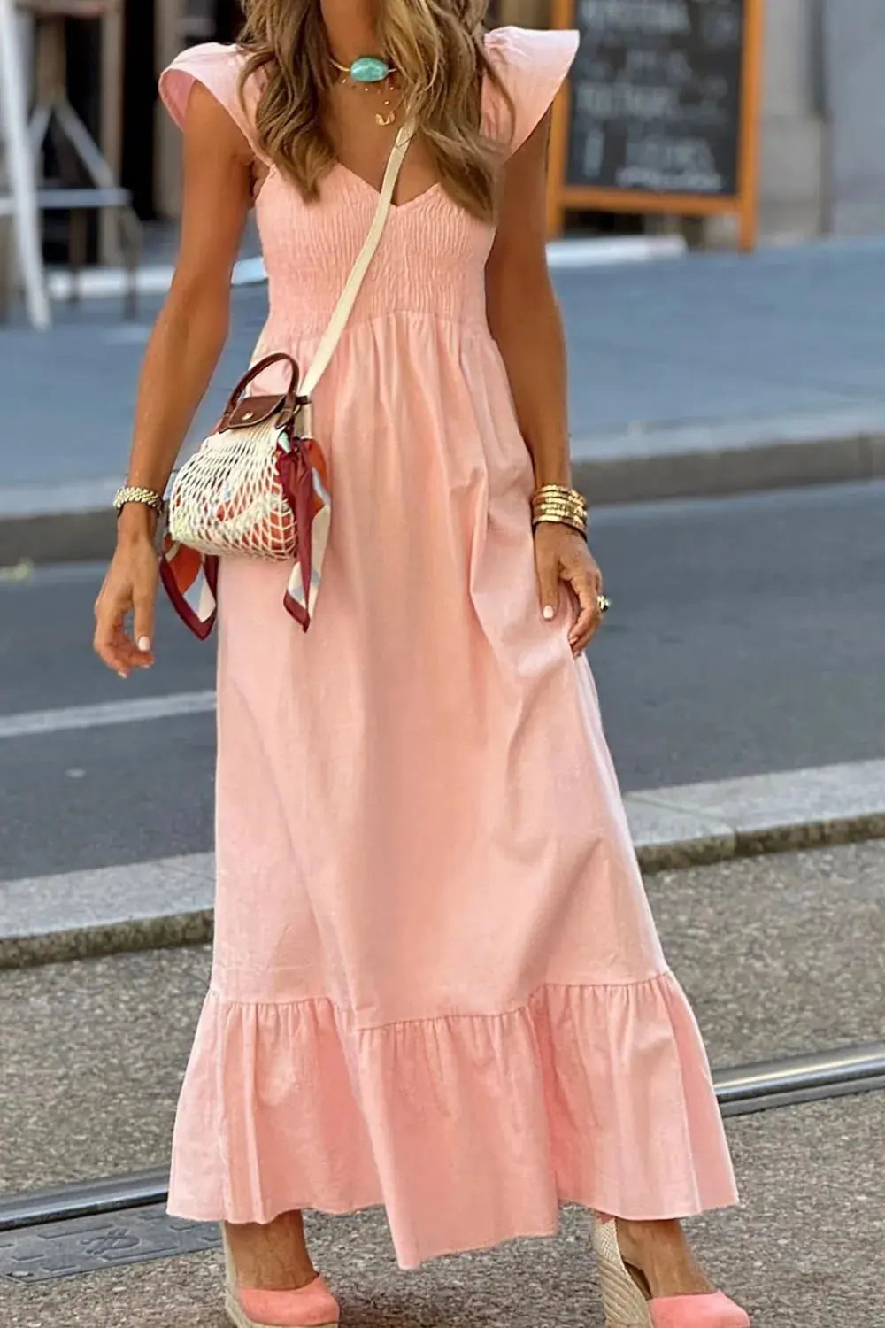 V Neck Ruffled Cap Sleeve Smocked Maxi Dress.