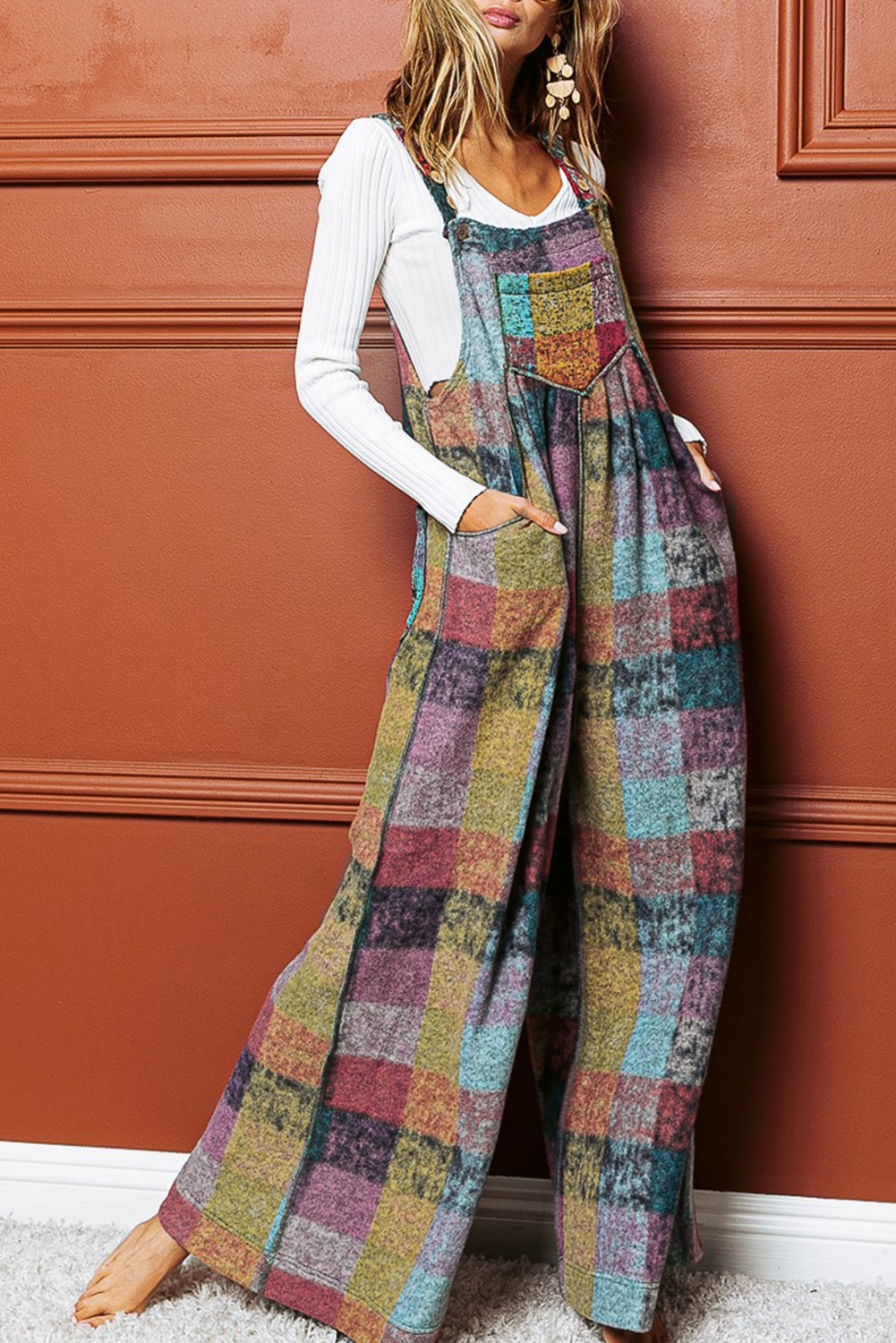 Multicolour Brushed Checkered Wide Leg Overalls Dear-Lover Dropshipping