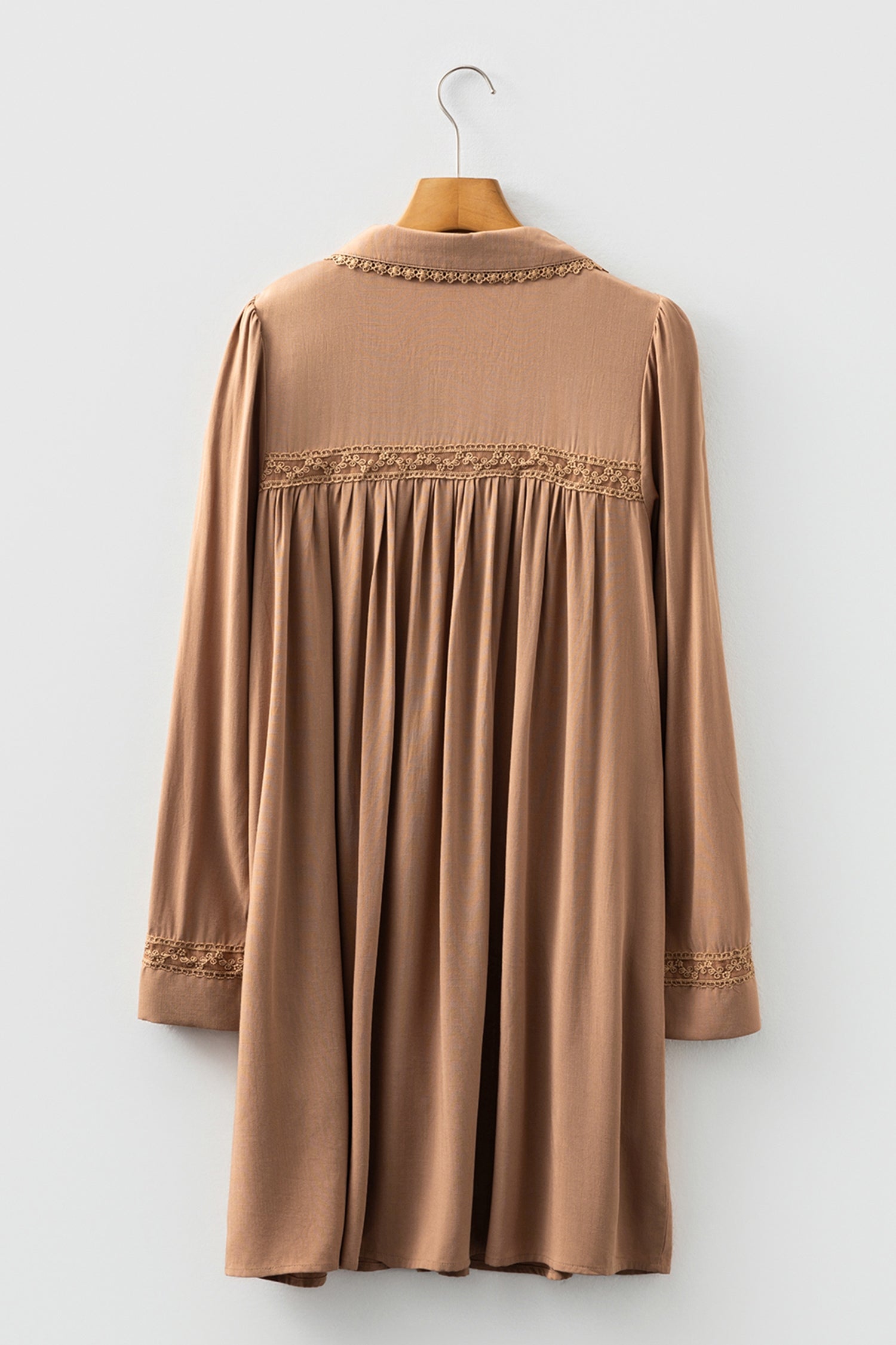 Straw Yellow Lace Trim Peter Pan Collar Long Sleeve Mini Shirt Dress Dear-Lover Dropshipping