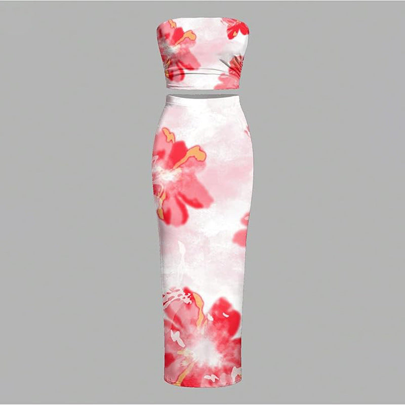 Sexy Fitted Strapless Floral Crop Top amp Bodycon Skirt Two-Piece Set for Women