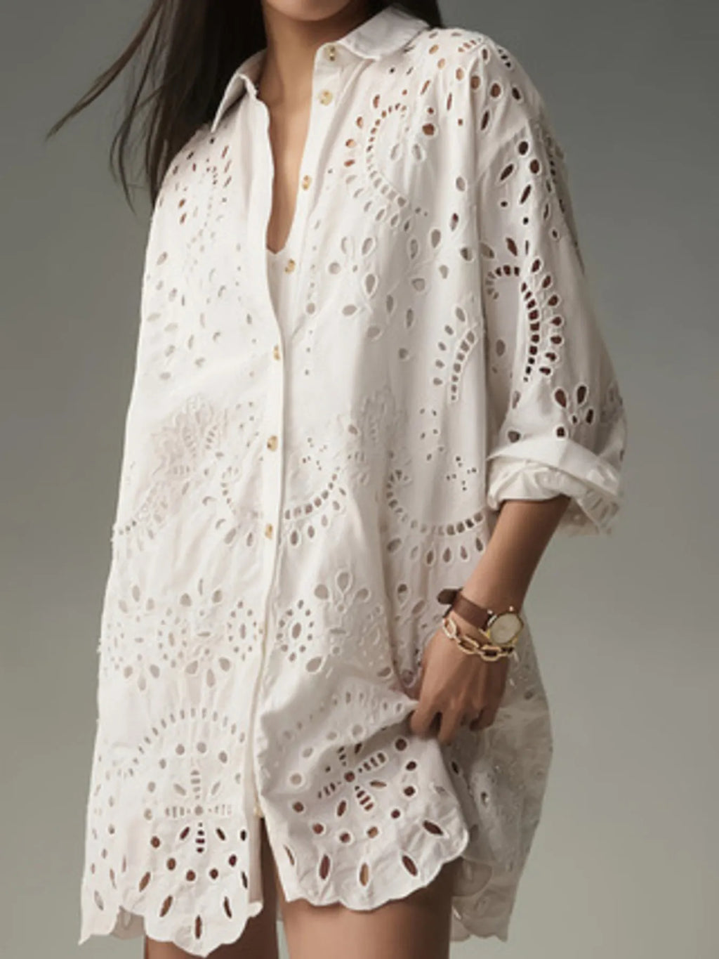 Eyelet Button Front Shirt Dress.