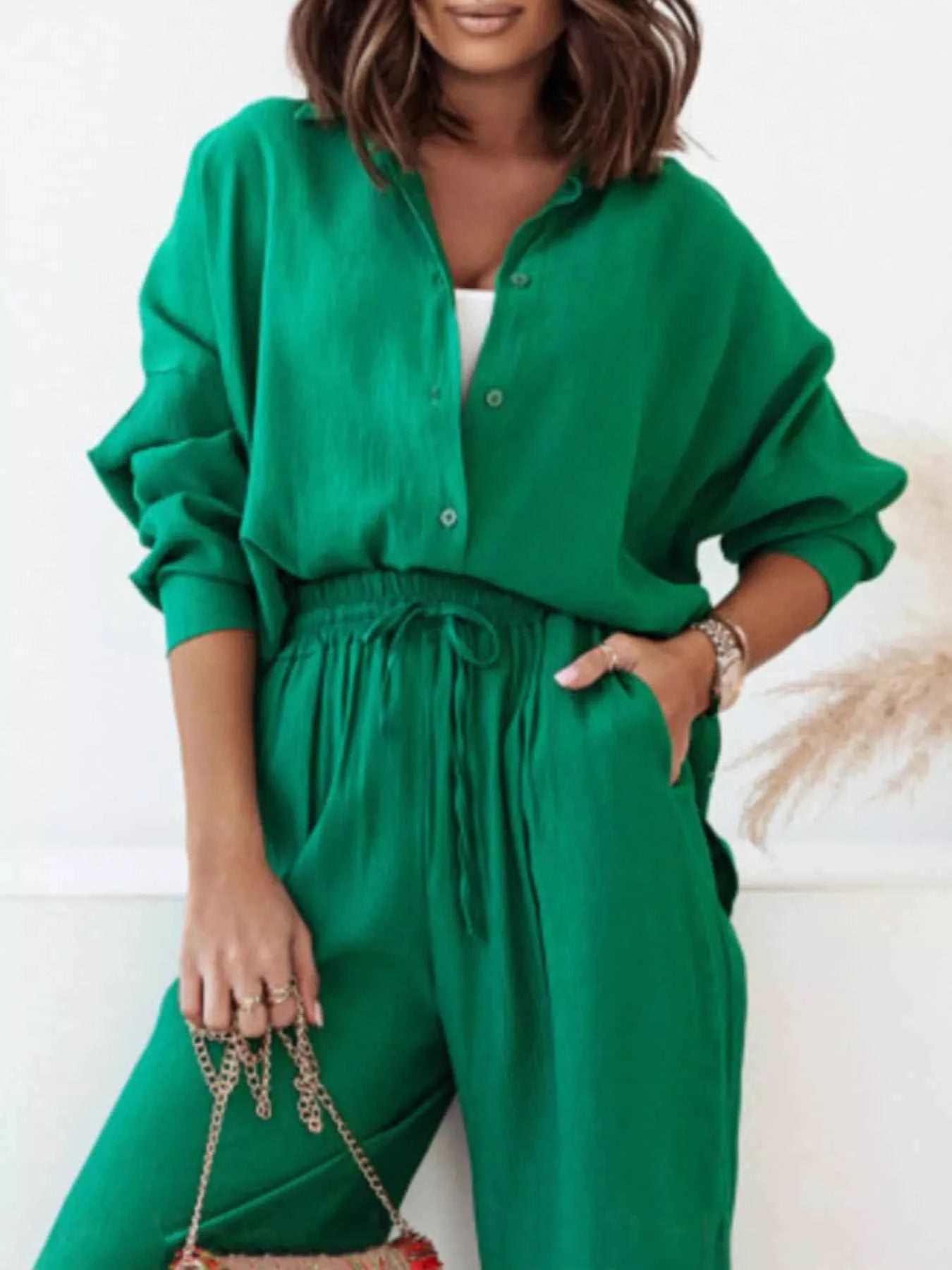 Full Size Button Up Shirt and Pants Set Plus Size