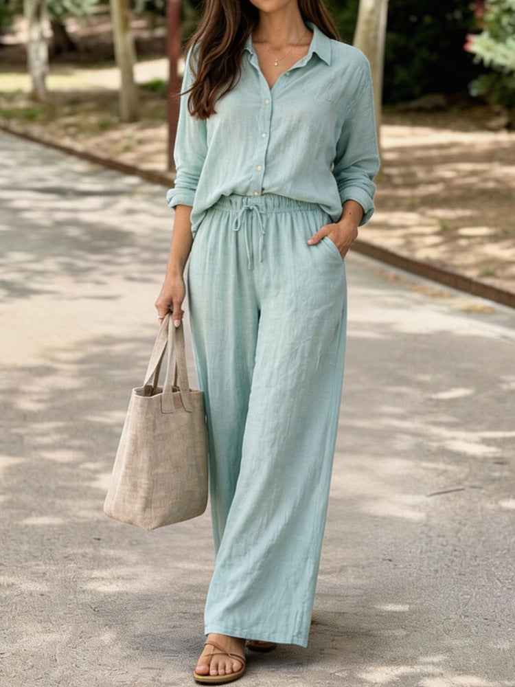 Womens Casual Lapel Collar Pullover Long-Sleeve Pants Set