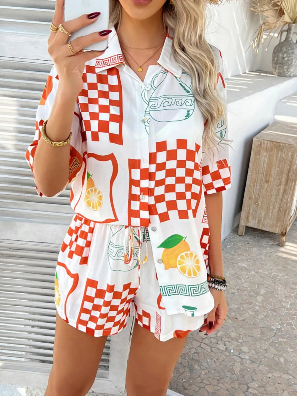 Neck Half Sleeve Top and Shorts Set WOMEN - CHIC TB