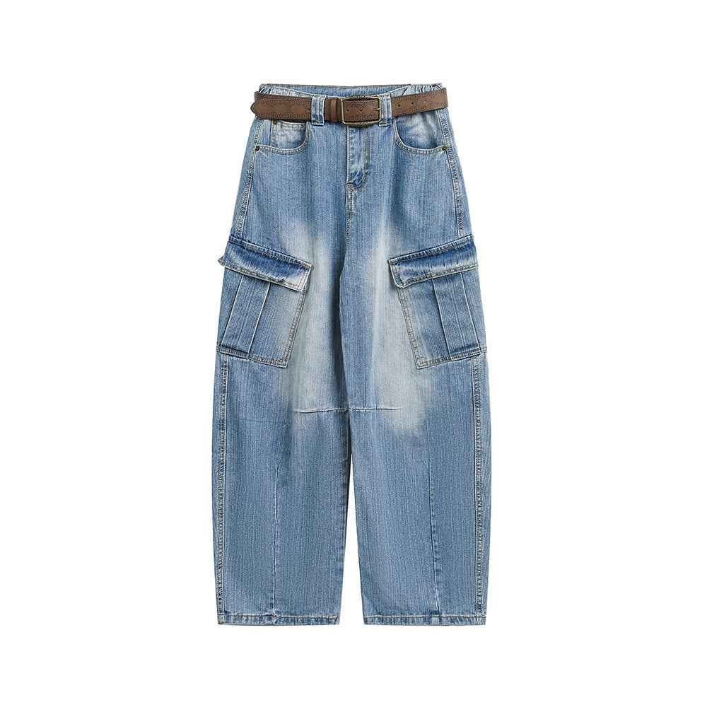 Multi-Pocket Loose Straight Leg Wide Leg Washed Cargo Denim Pants