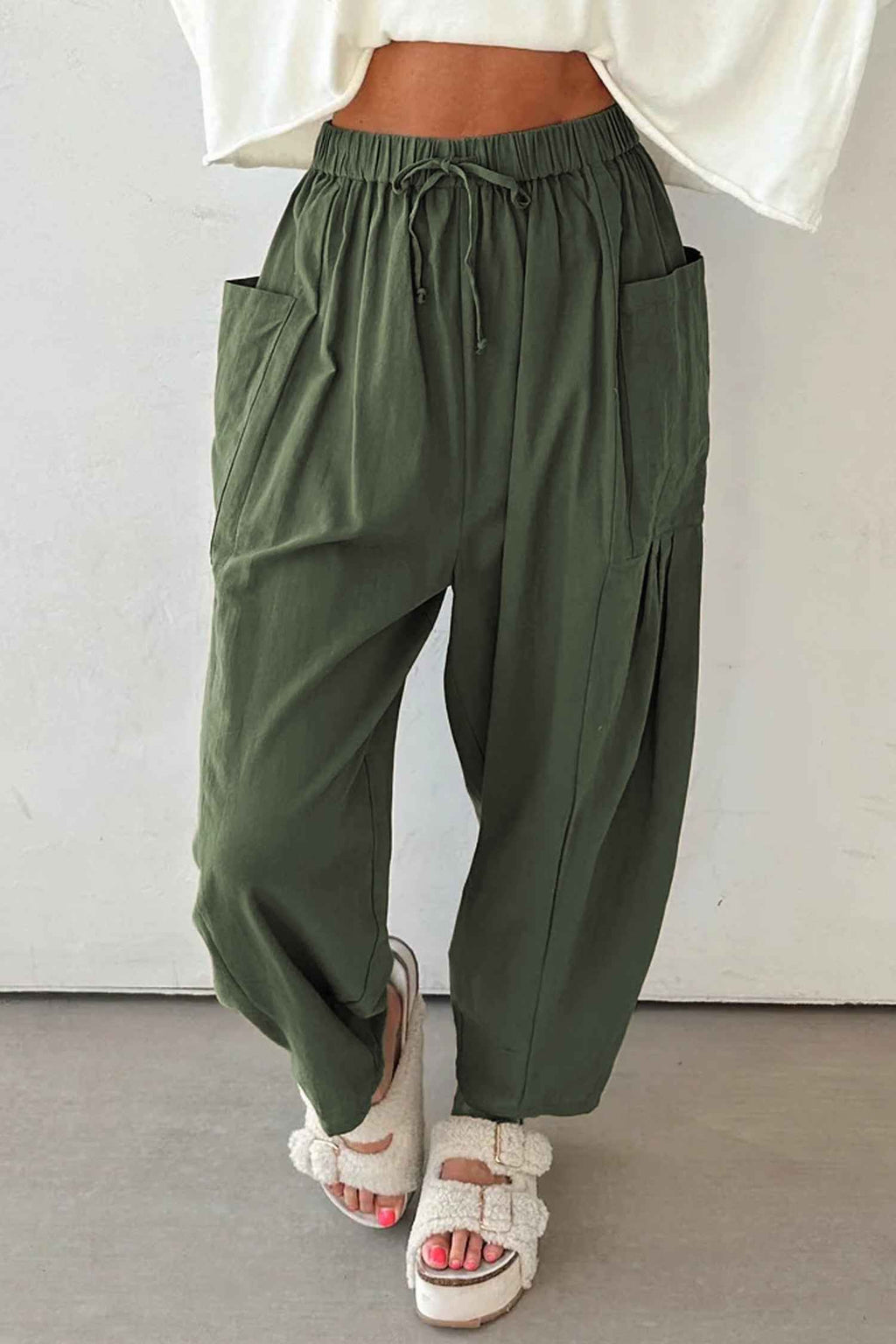 Jungle Green Drawstring Elastic Waist Patch Pocket Barrel Leg Casual Pants