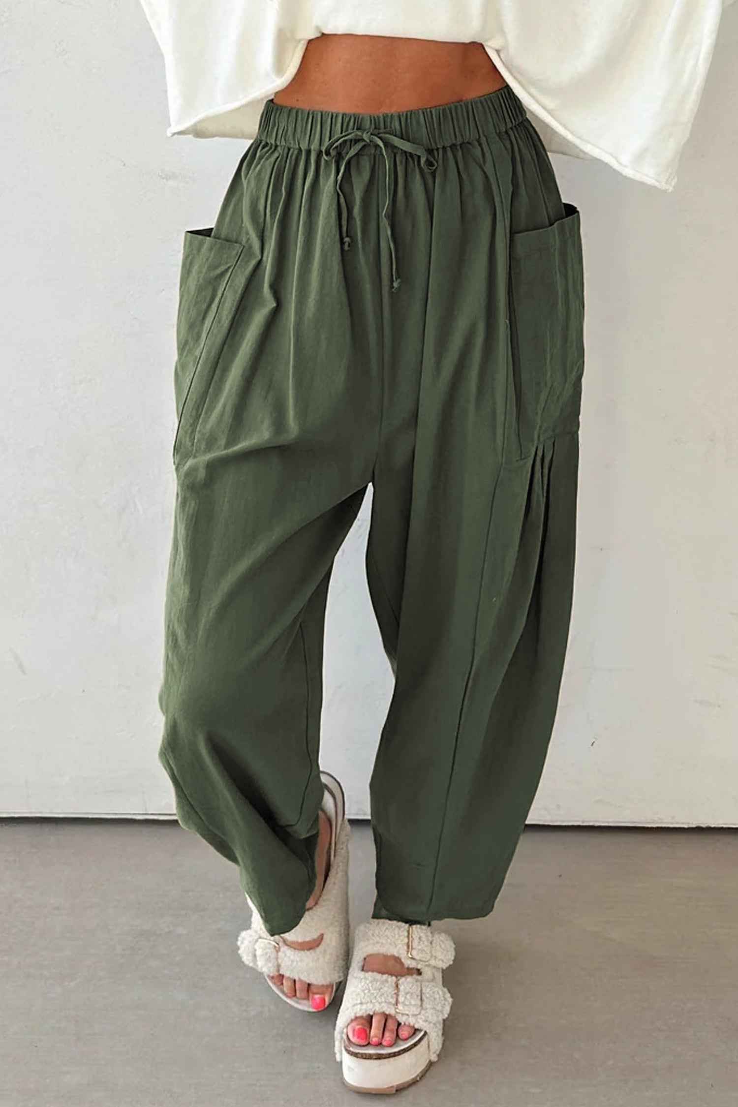 Jungle Green Drawstring Elastic Waist Patch Pocket Barrel Leg Casual Pants