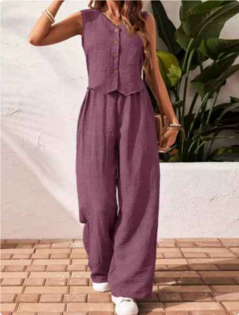 Linen Leisure Commute Front Button Vest And Trousers