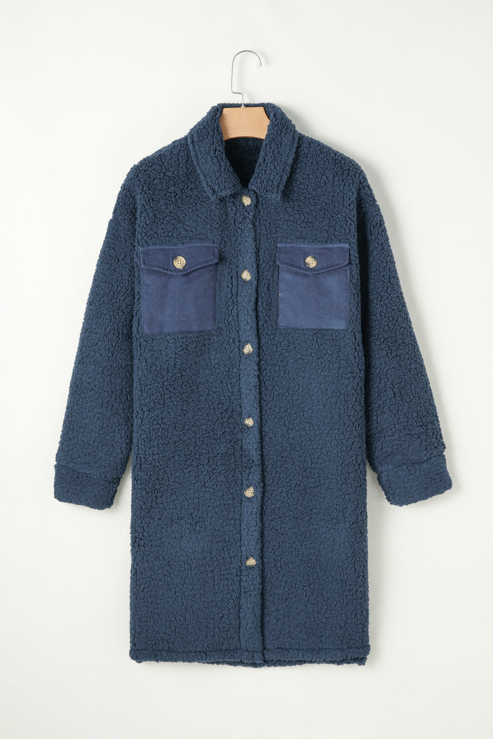 Blue Contrast Flap Pocket Single Breasted Teddy Coat Dear-Lover Dropshipping