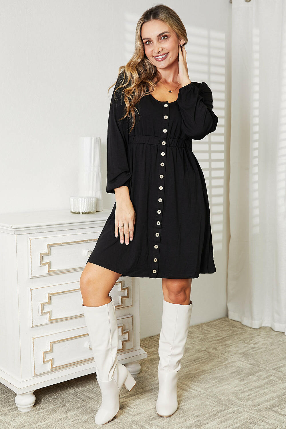 Double Take Scoop Neck Empire Waist Long Sleeve Magic Dress.