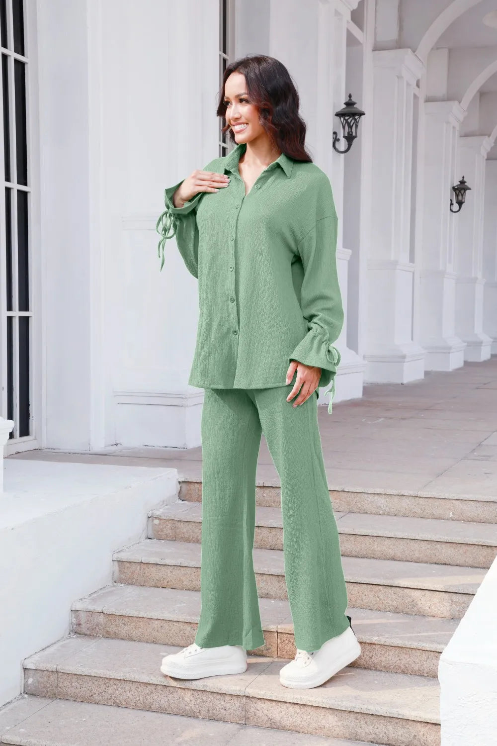 Drawstring Flounce Sleeve Shirt and Pants Set - CHIC TB