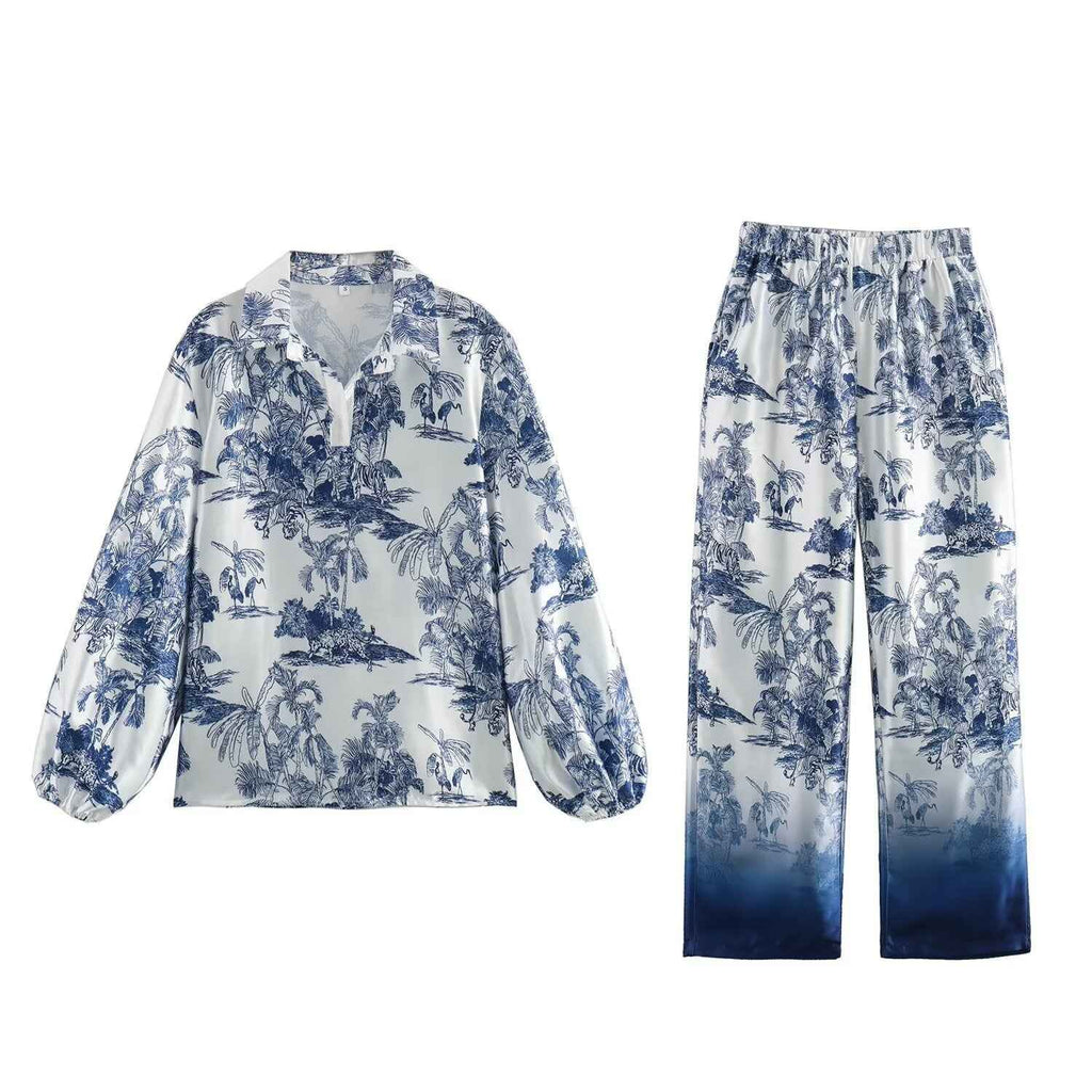 Blue and white printed tree shirt+printed two-piece casual pants set for women