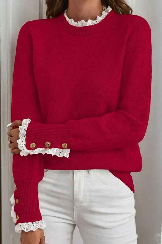 Lace Trim Patchwork Buttoned Cuff Sweater