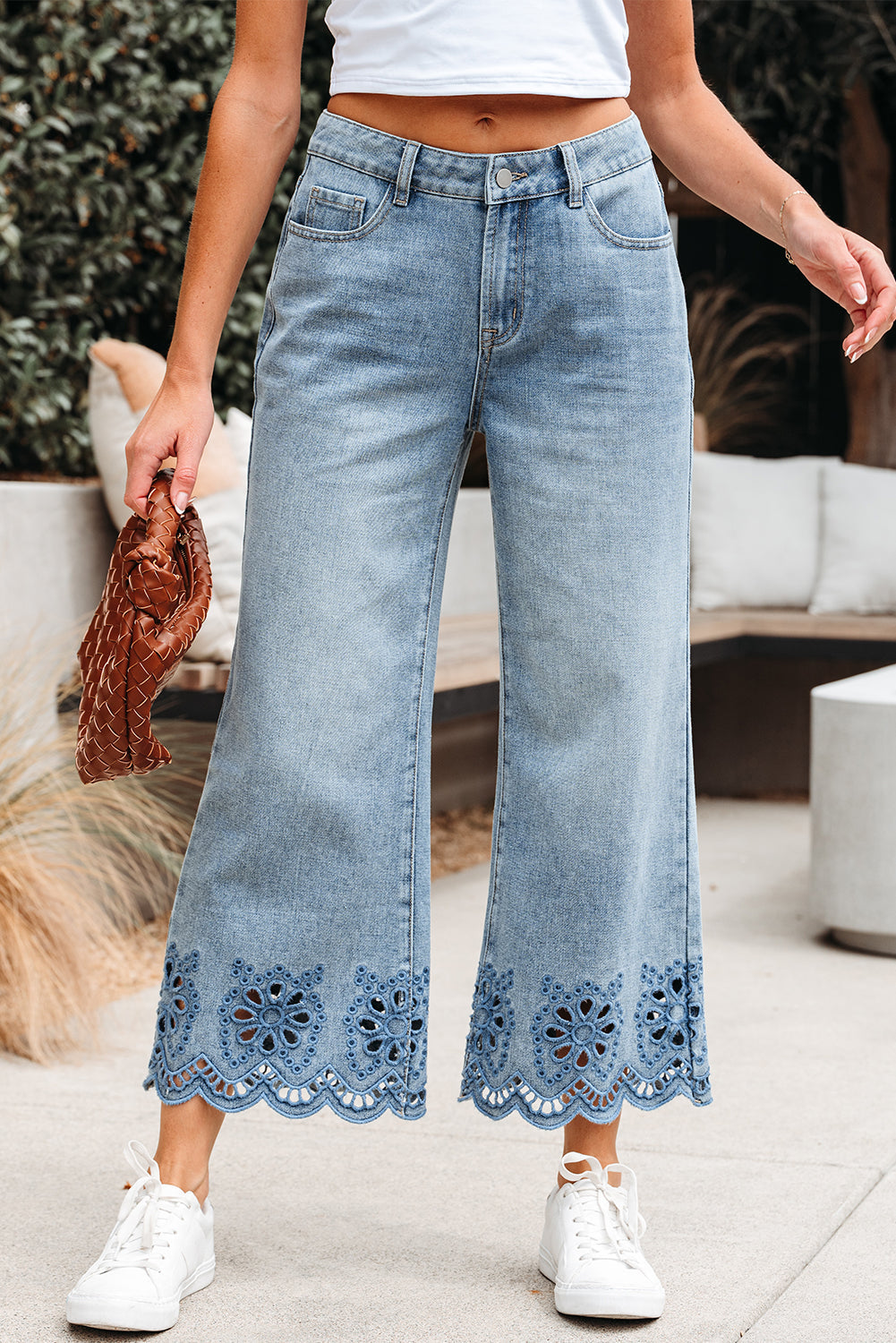 Dusk Blue Embroidered Cropped Wide Leg High Waist Jeans Dear-Lover Dropshipping