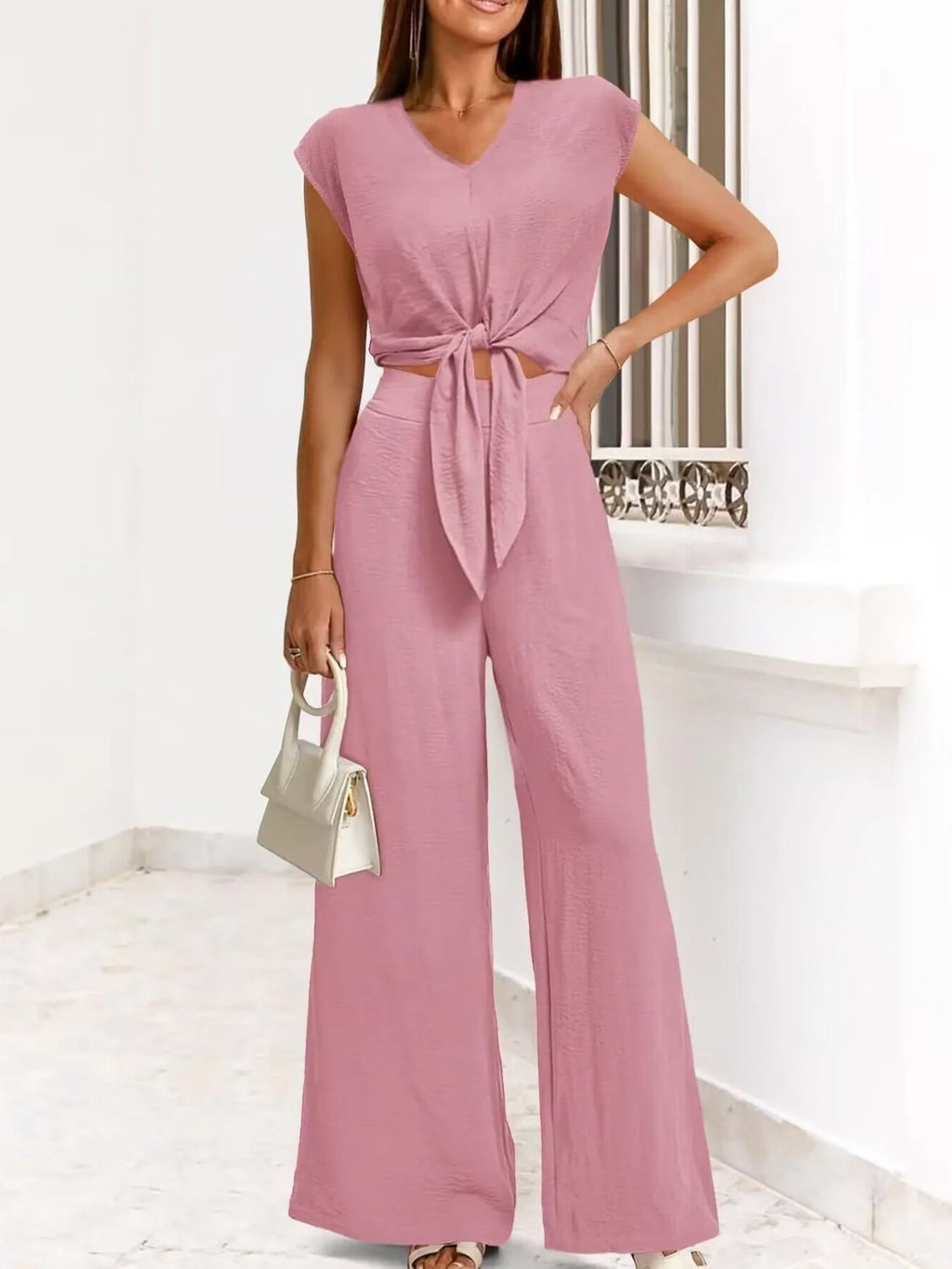 Tie Front Top and Wide Leg Pants Set.