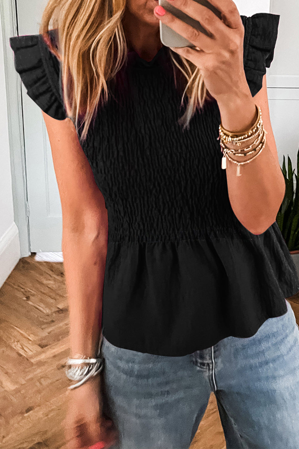Black Ruffle Short Sleeve Shirred Peplum Top Dear-Lover Dropshipping
