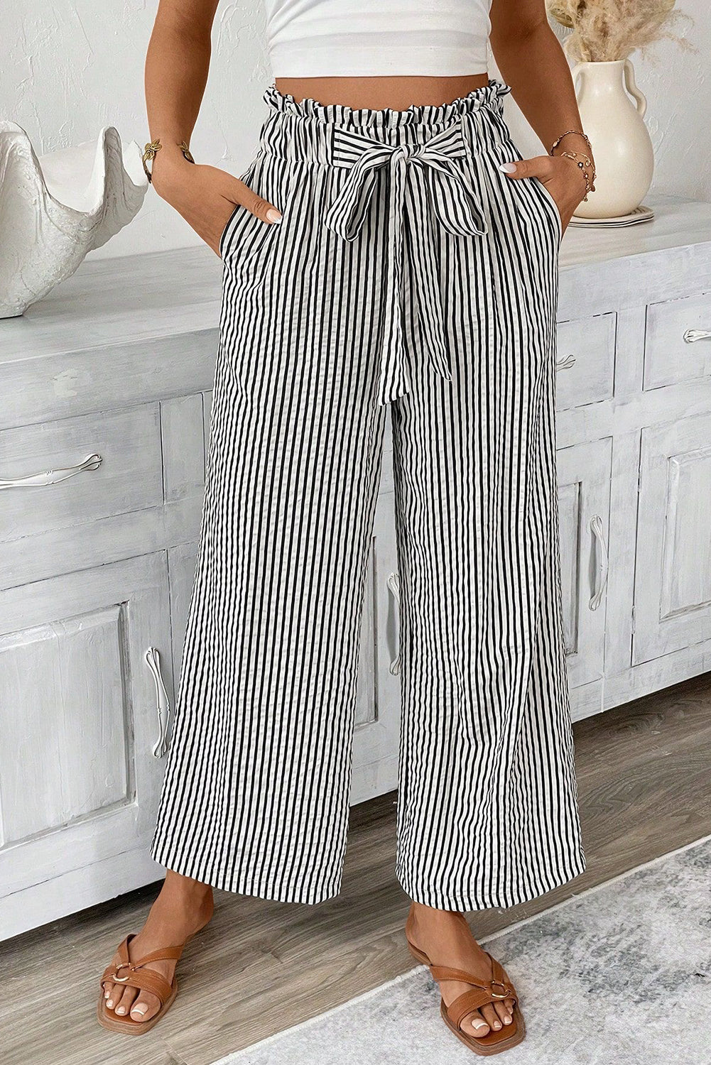 Black Stripe Tied High Waist Loose Straight Casual Pants Dear-Lover Dropshipping